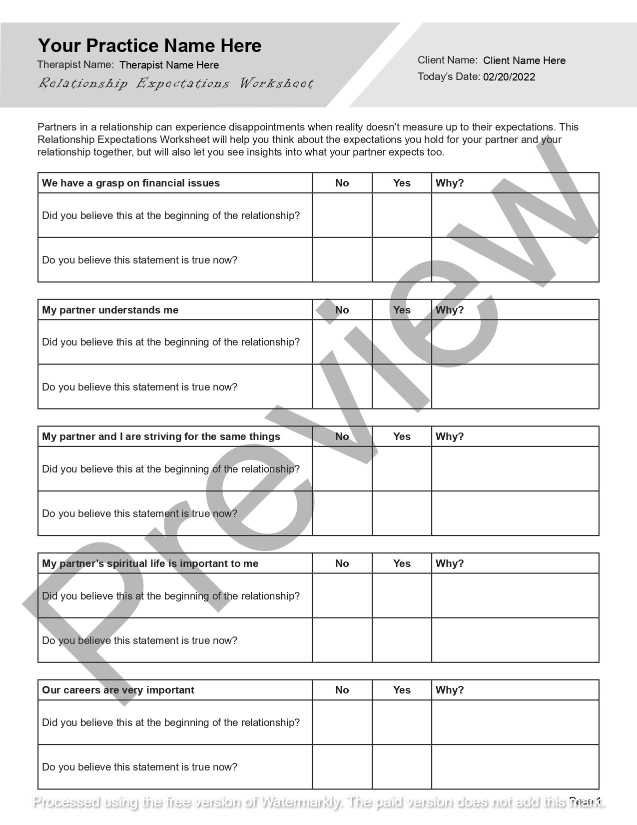 Relationship Expectations Worksheet Editable Fillable PDF Template For Counselors Psychologists Therapists Etsy
