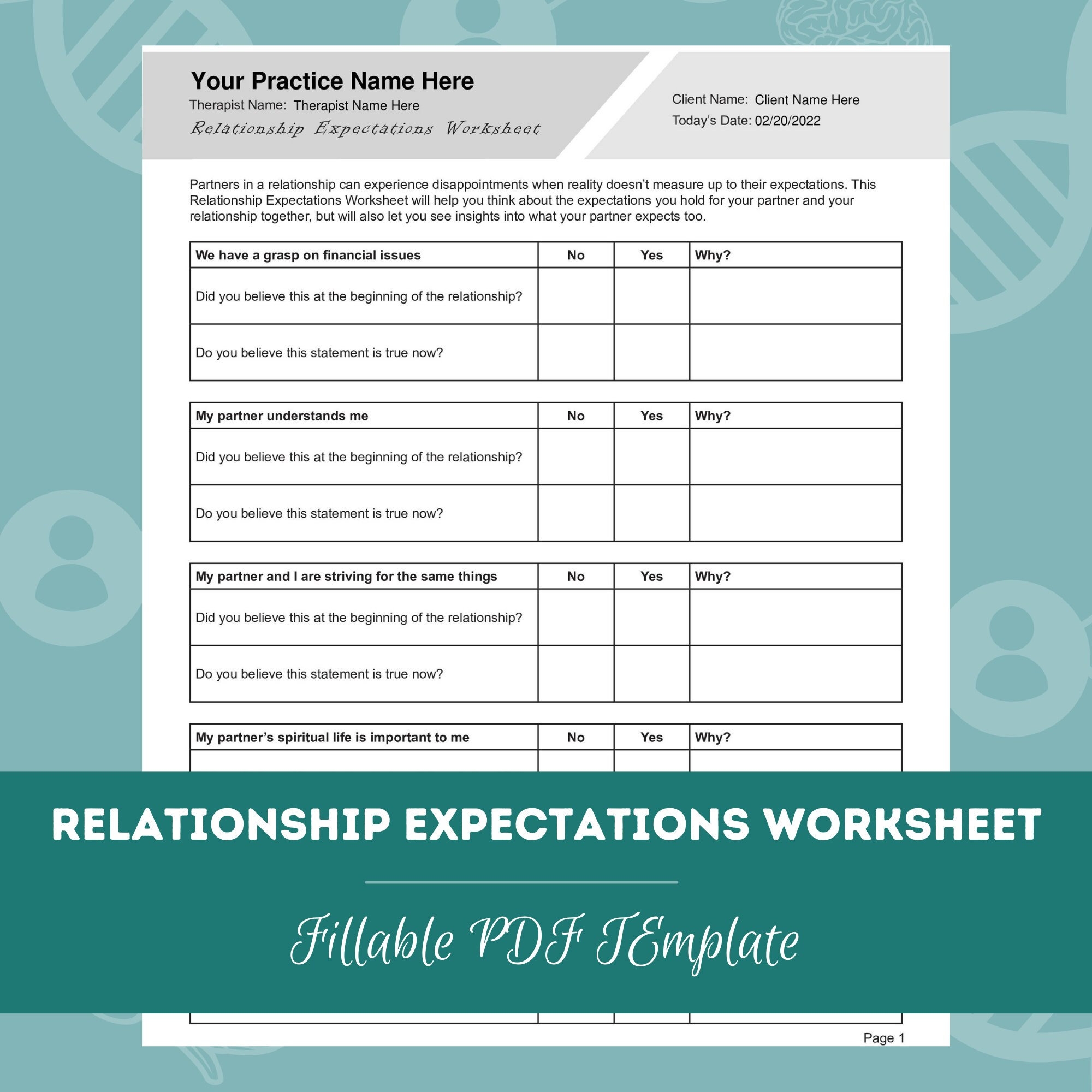 Relationship Expectations Worksheet Editable Fillable PDF Template For Counselors Psychologists Therapists Etsy