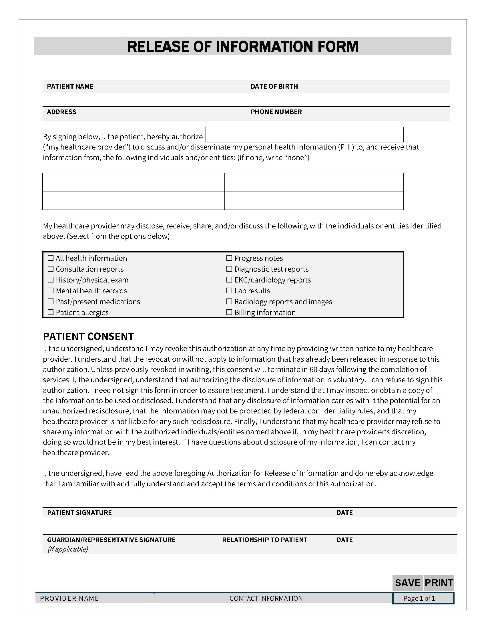 Printable Release Of Information Form