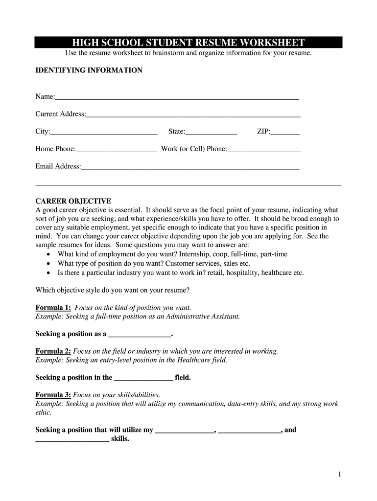 Fill In Blank Printable Resume Worksheet