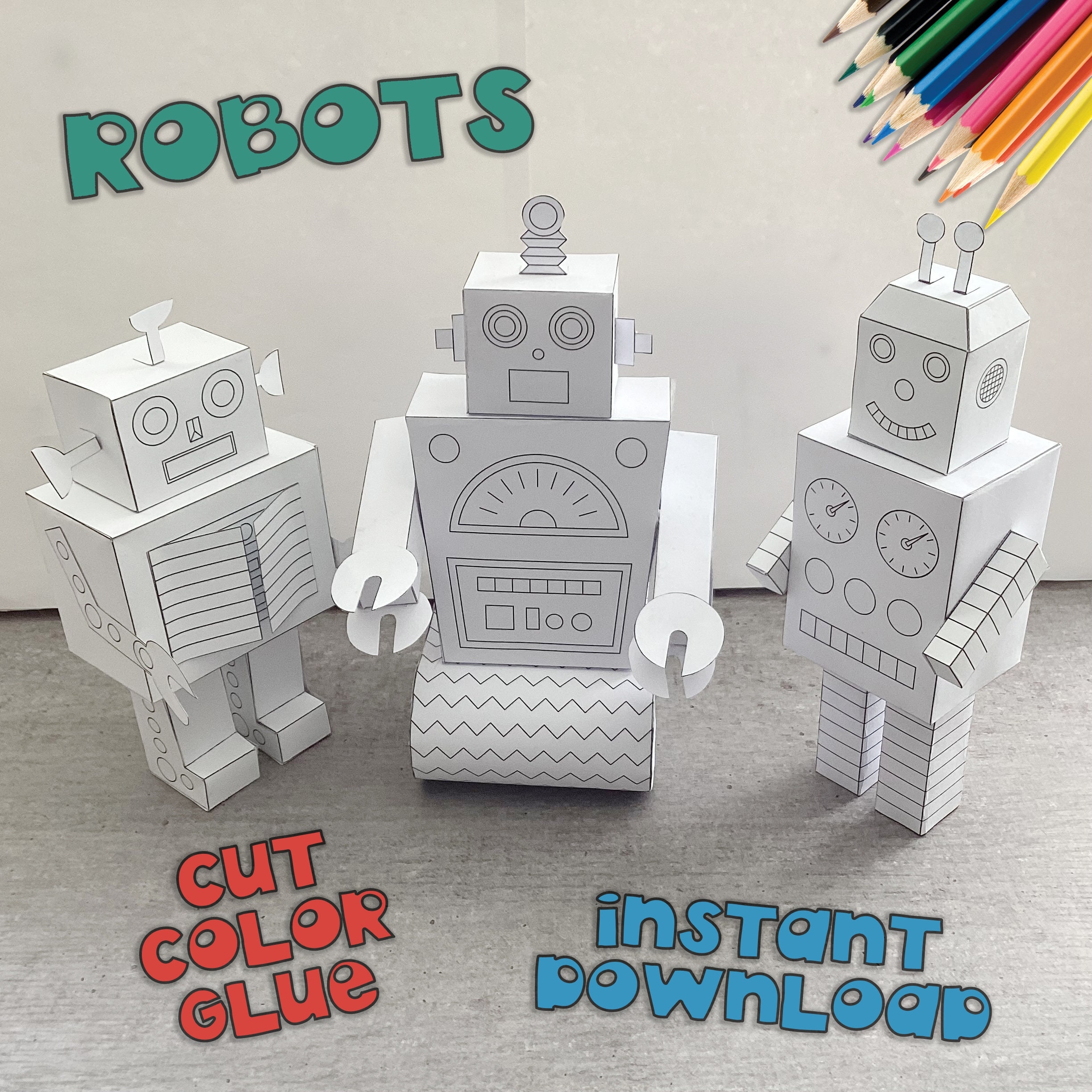 Robots Template Printable Craft Sheets Activity Sheets Paper Craft Kit Coloring Robots Robots 3d Paper Toy Robot Set Robot To Fold Etsy