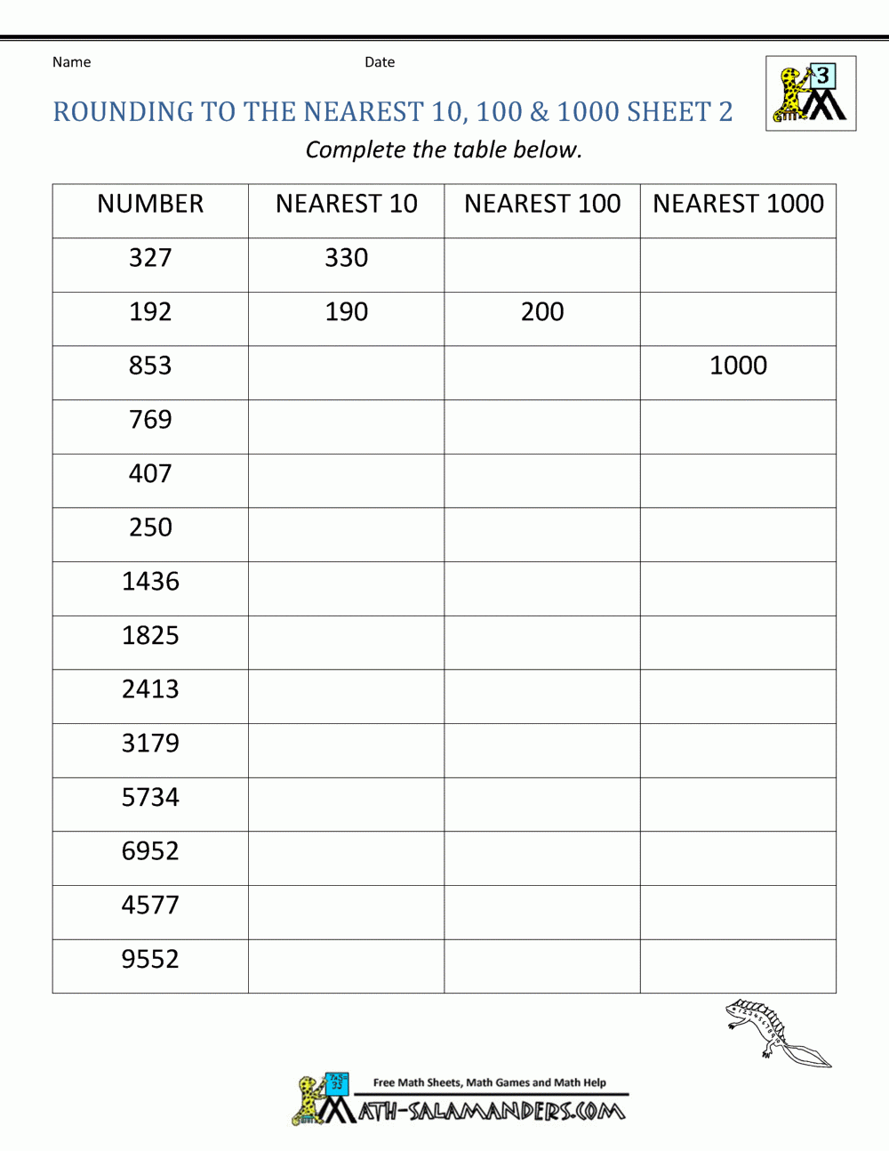 Rounding To The Nearest 1000 Worksheets