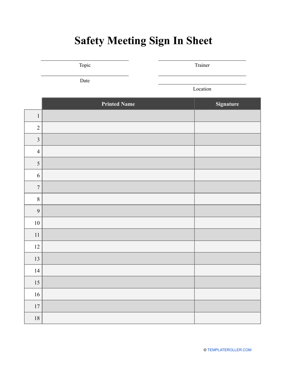 Safety Meeting Sign In Sheet Template Download Printable PDF Templateroller
