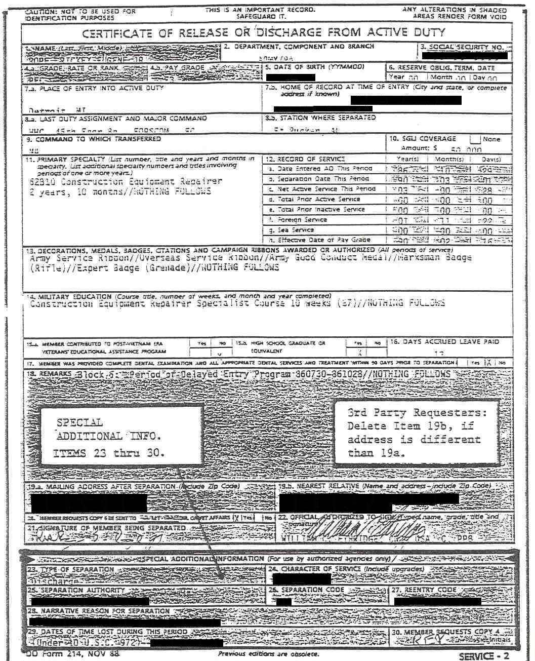 Printable Army Dd-214 Form Pdf