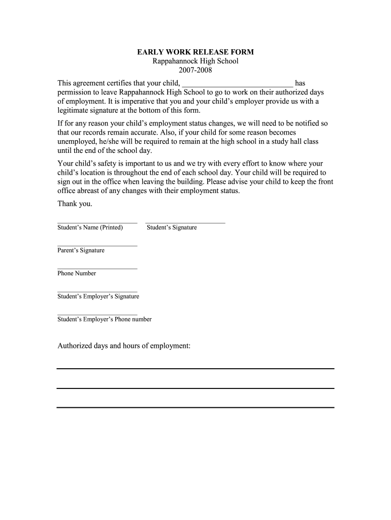 School Work Release Form Fill Out Sign Online DocHub