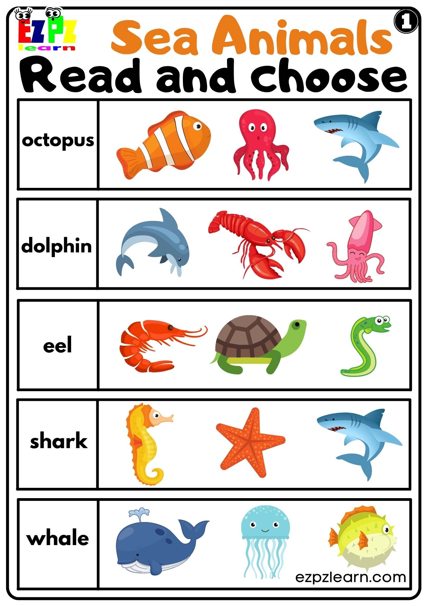 Sea Animals Read And Choose Worksheet For Kids And ESL Set 1 Ezpzlearn