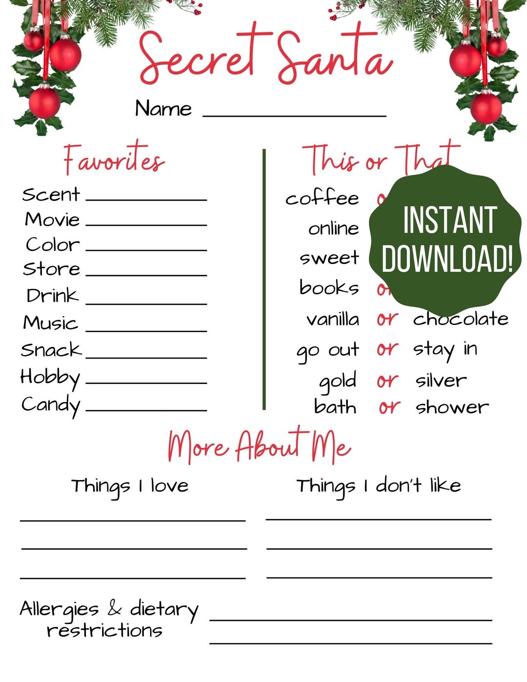 Secret Santa Forms Free Printable