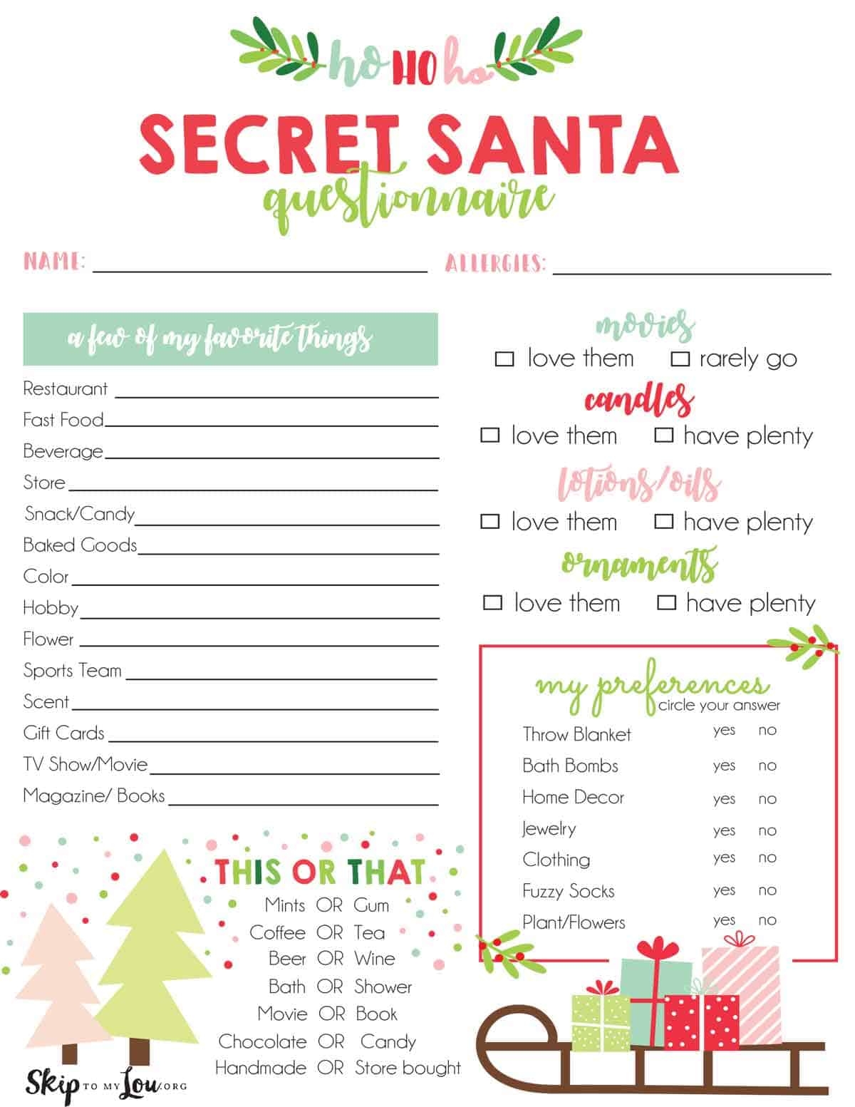 Secret Santa Form Free Printable For Adults