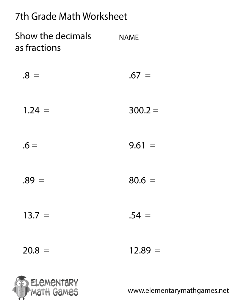 seventh grade decimals worksheet