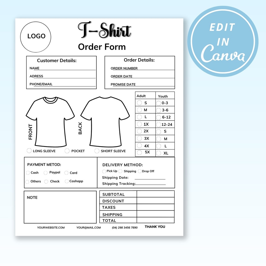 Shirt Order Form I Order Form Template I Custom Hoodie Canva Template Craft Order Form Etsy
