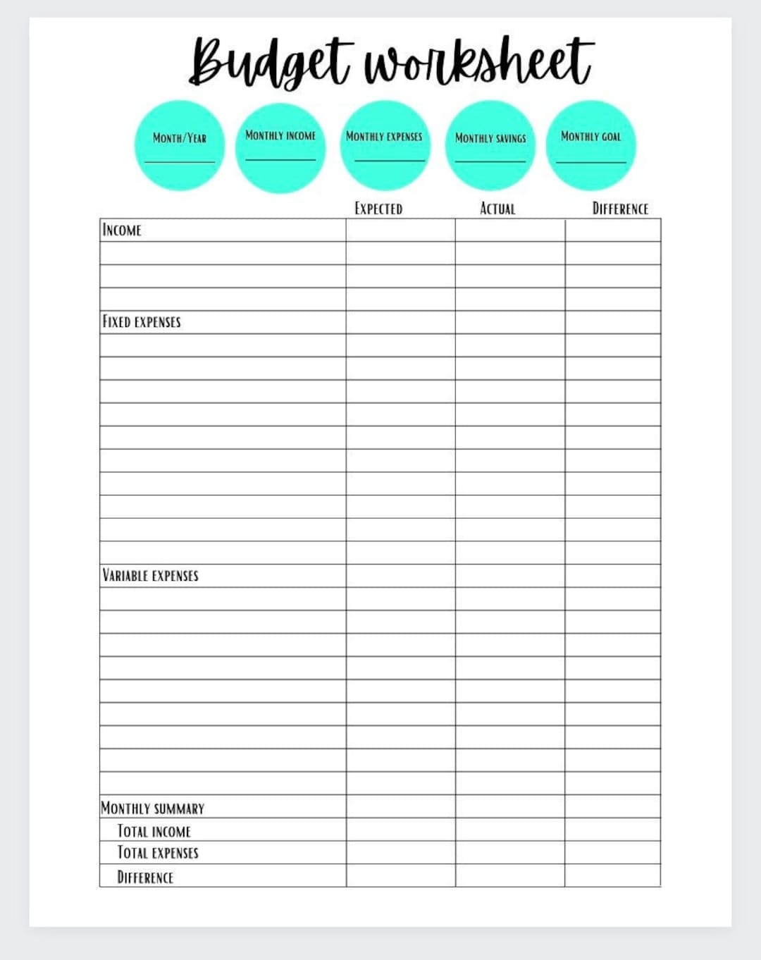 Simple Budget Worksheet Etsy