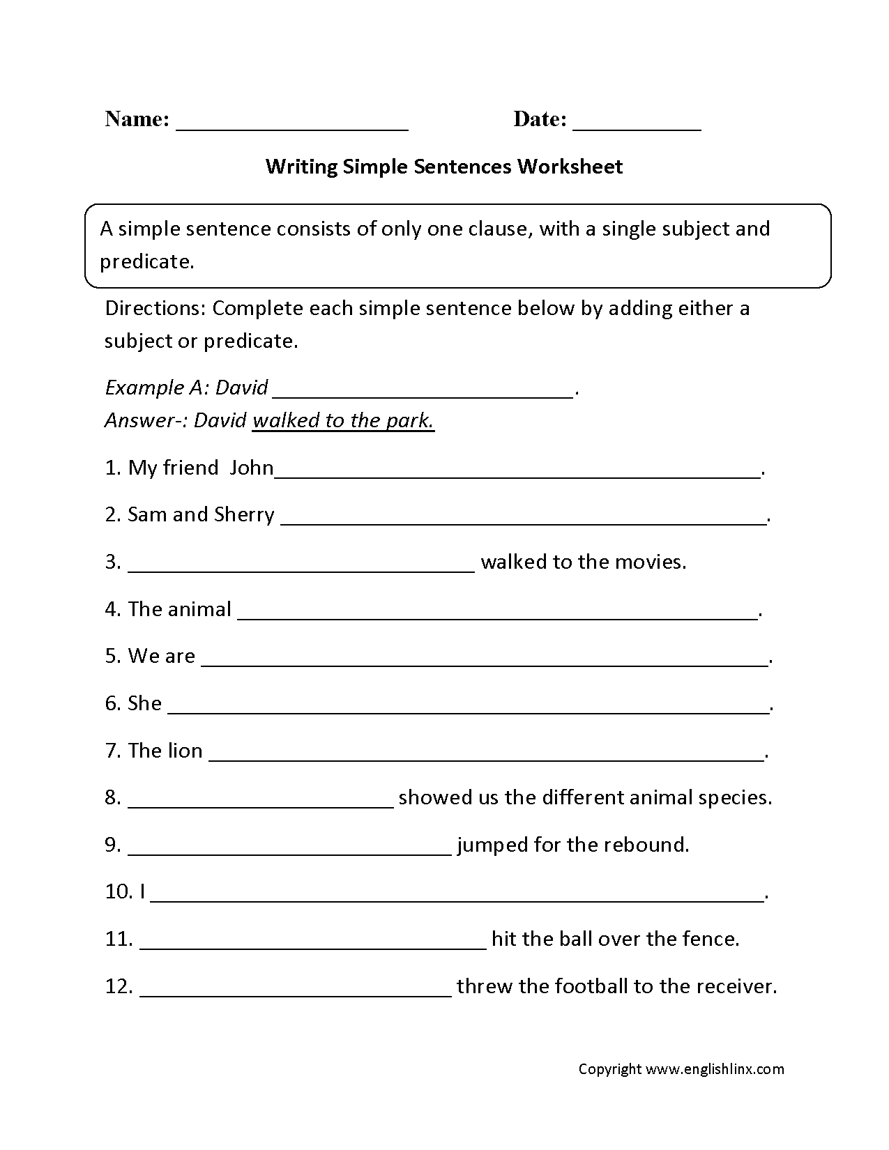 Simple Sentences Worksheets Writing Simple Sentences Worksheet