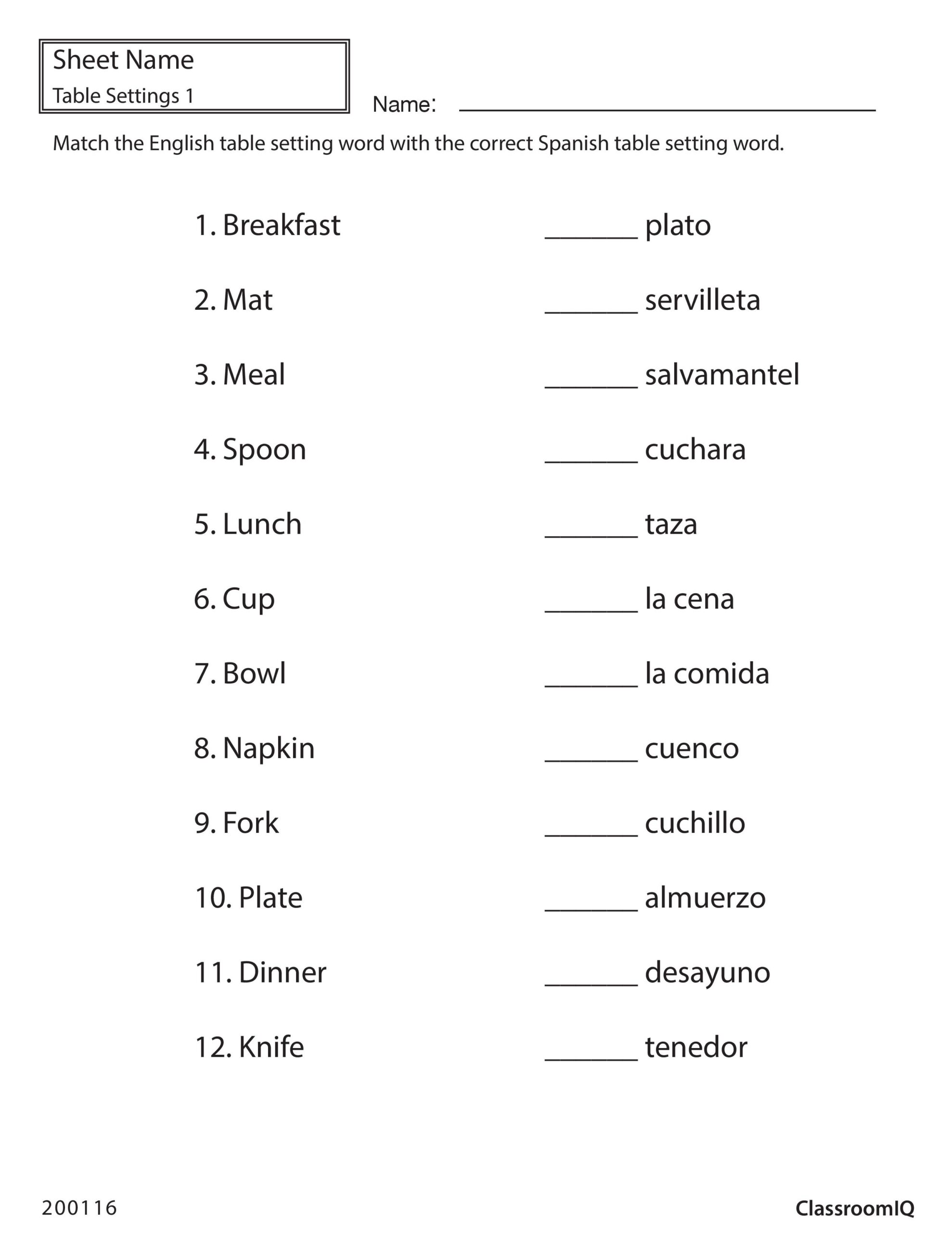 spanish to english word number matching worksheet miniature worksheets library