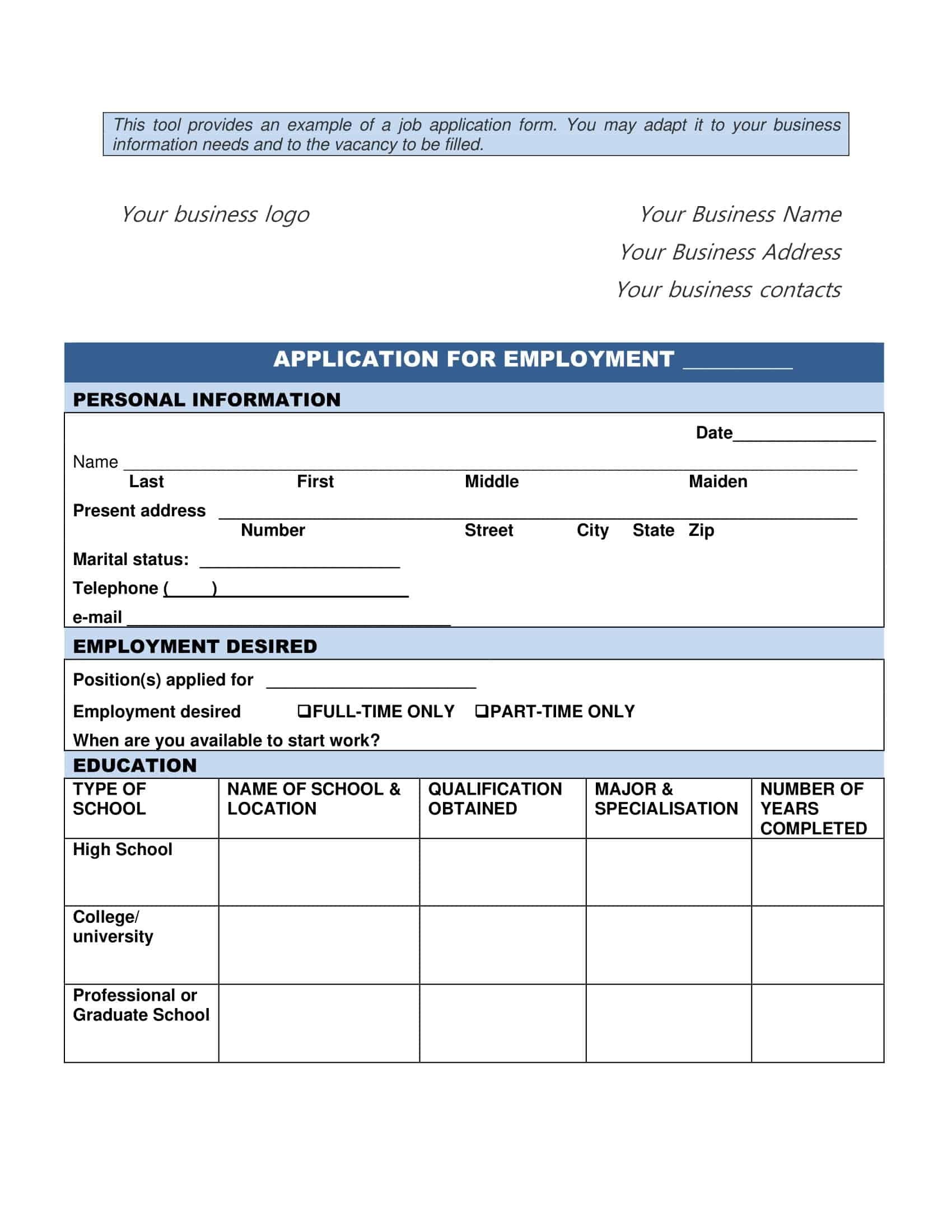 Free Printable Application Forms