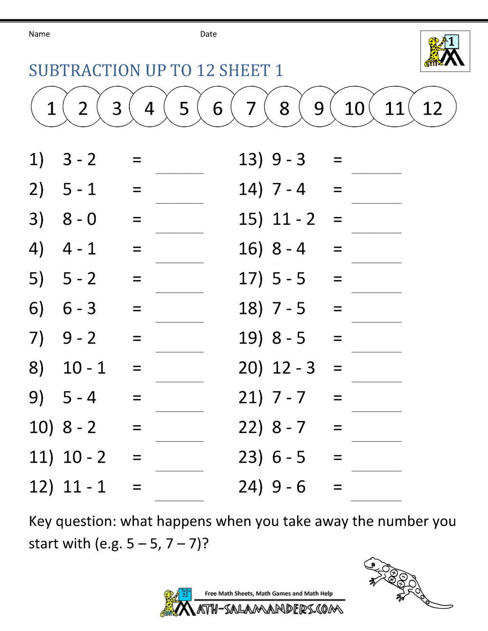subtraction facts worksheets 1st grade