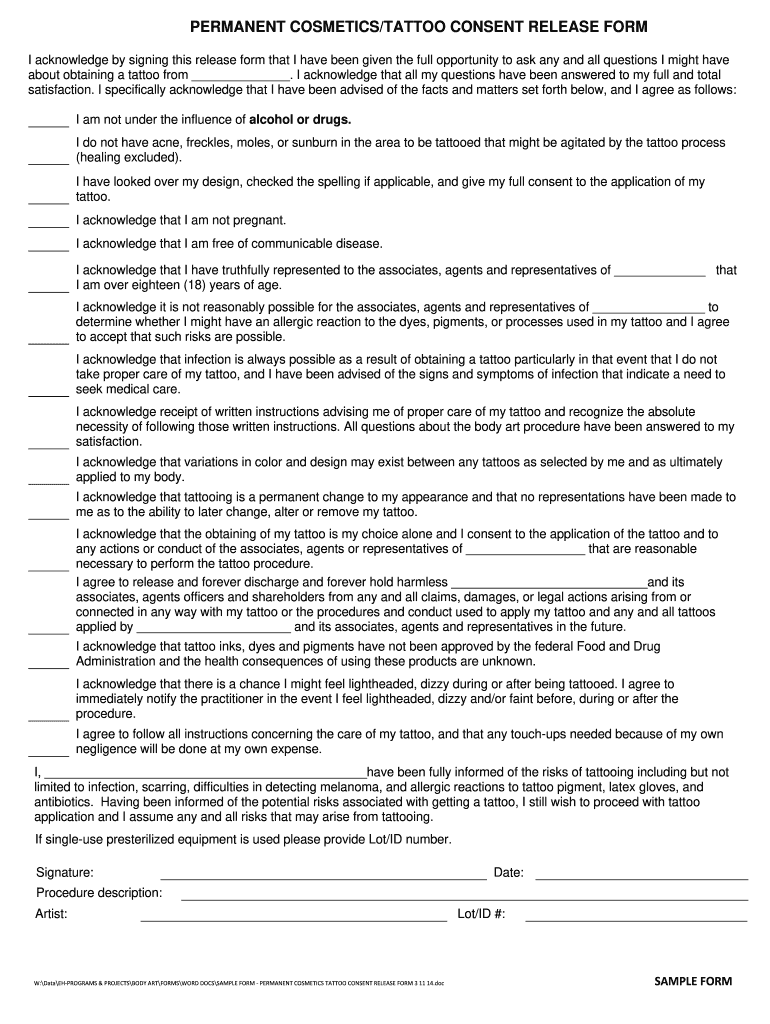 Tattoo Permission Form Fill Online Printable Fillable Blank PdfFiller