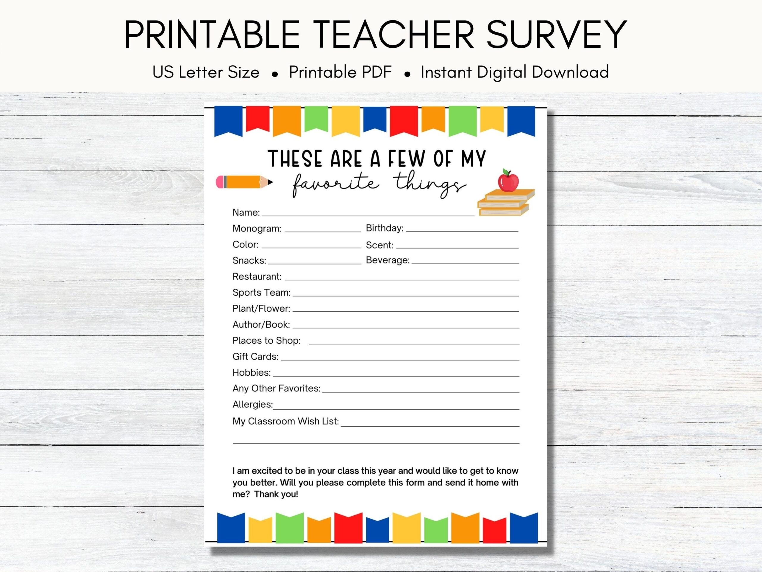 Teacher Favorite Things Survey Printable Instant Download Teacher Questionnaire Template All About My Teacher Form Back To School Ideas Etsy
