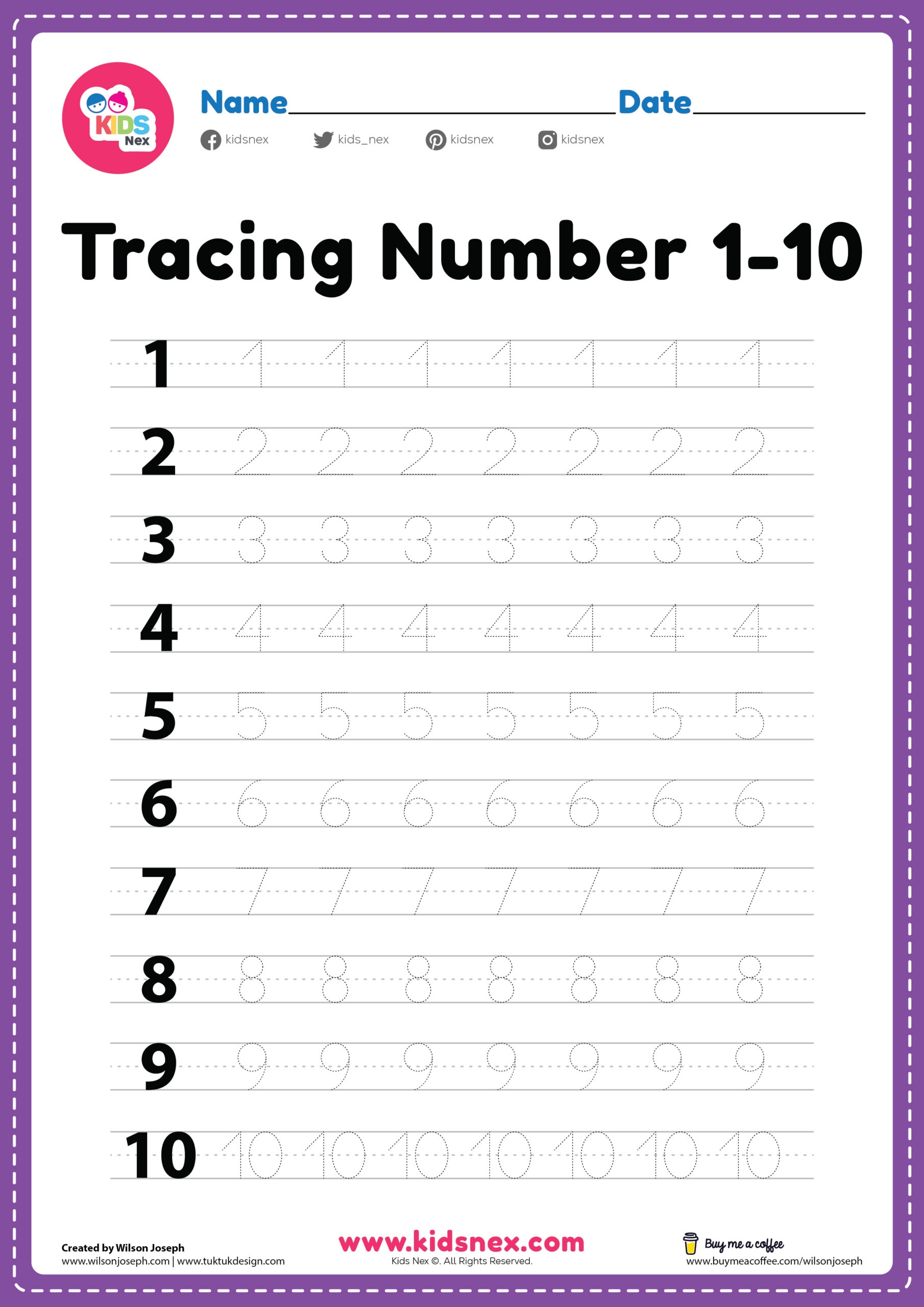 tracing number 1 10 worksheet free pdf printable for kids