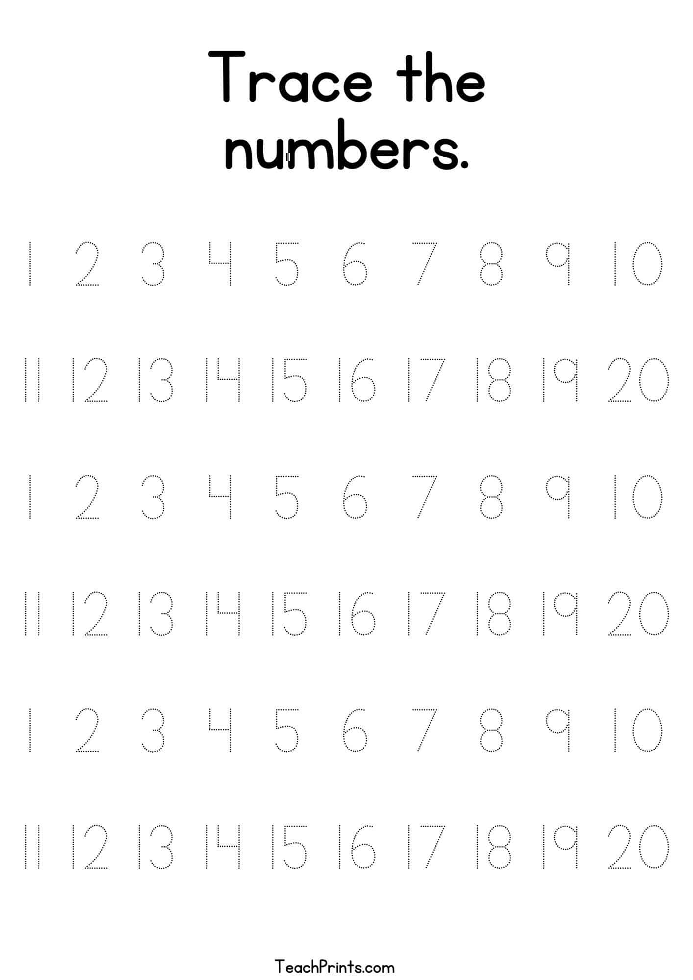 Free Printable Tracing Numbers 1-20 Worksheets Pdf