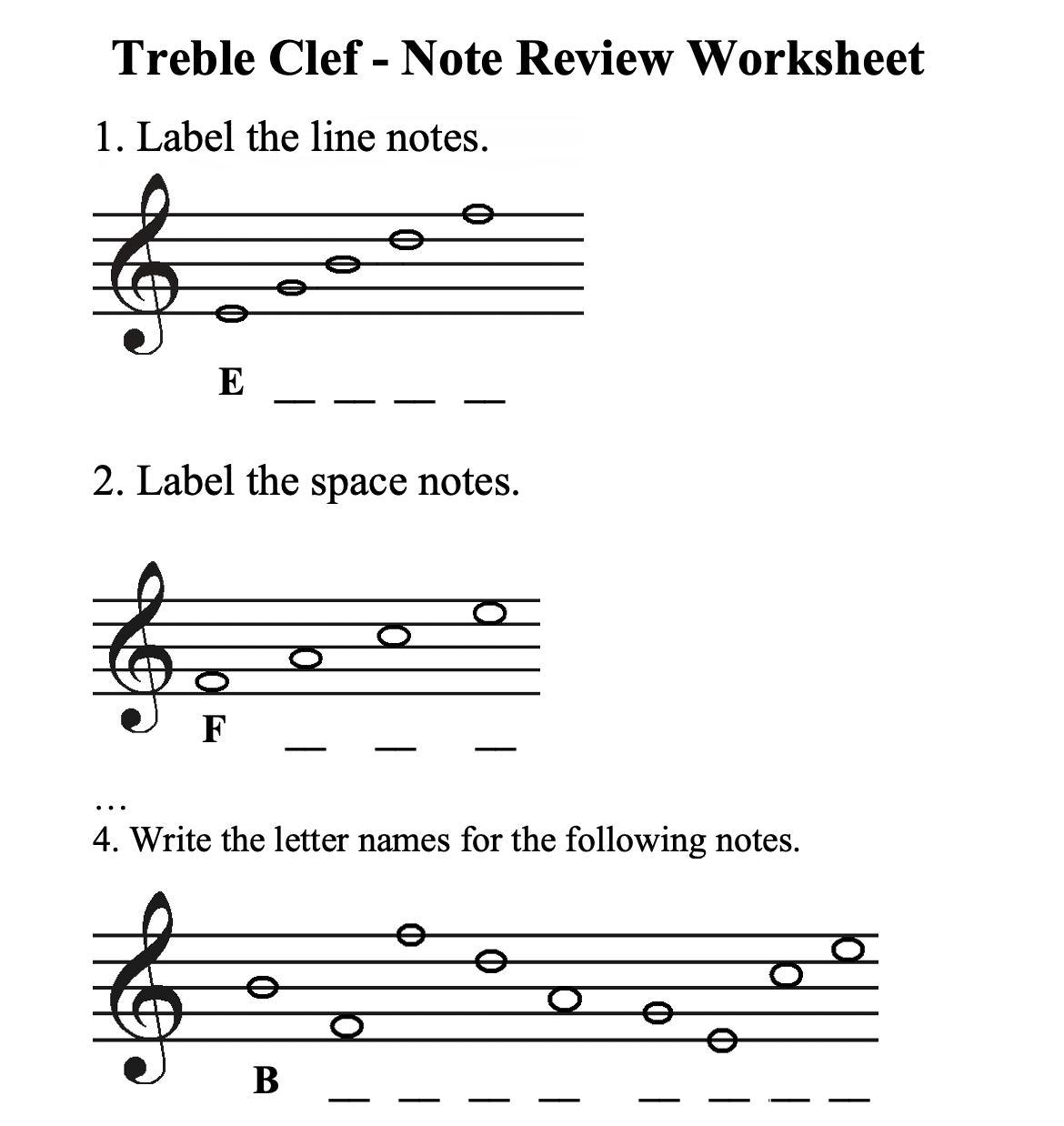 Printable Treble Clef Notes Worksheet