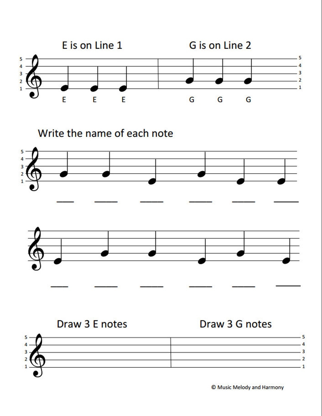 Treble Clef Notes E G Worksheet Etsy