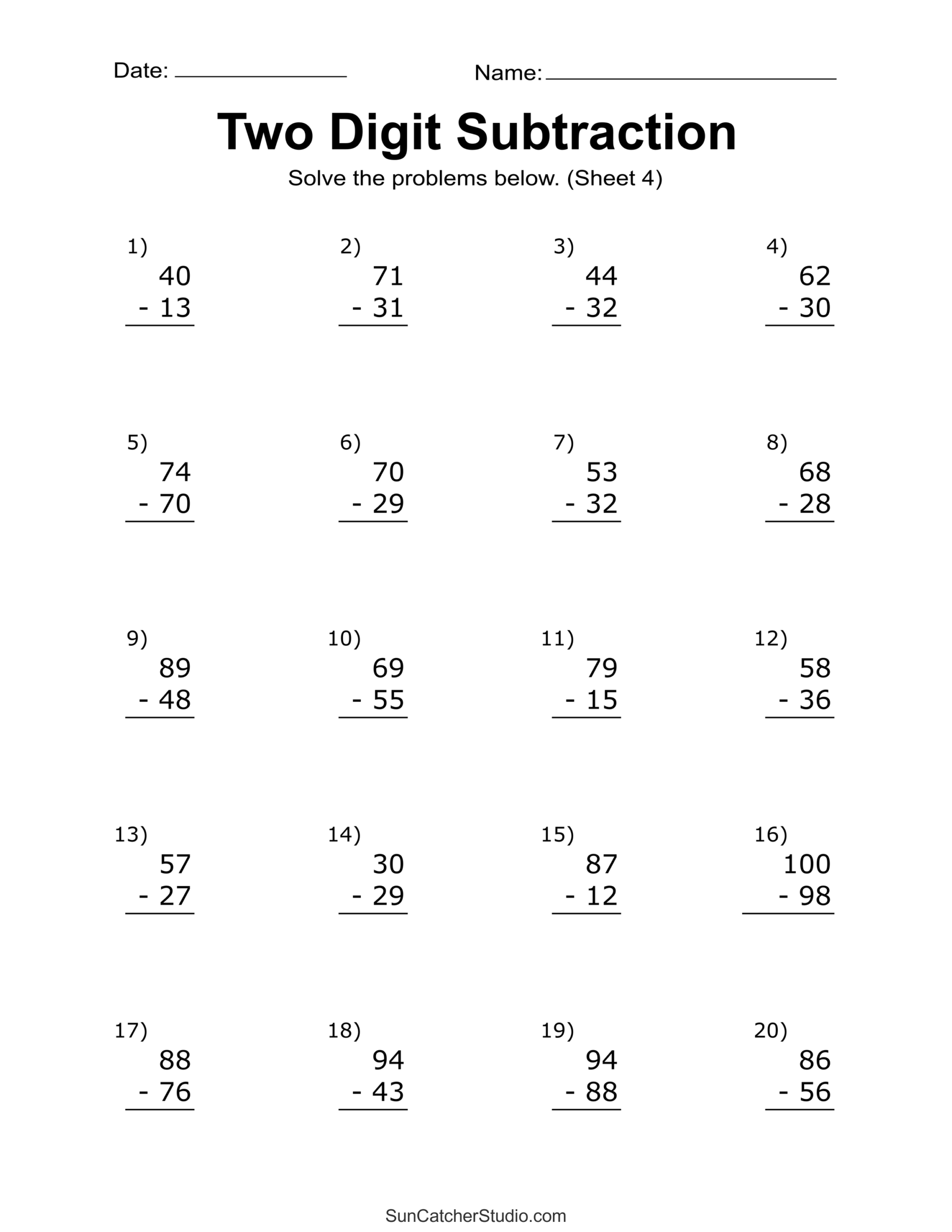 Two Digit Subtraction Worksheets Printable Math Drills DIY Worksheets Library