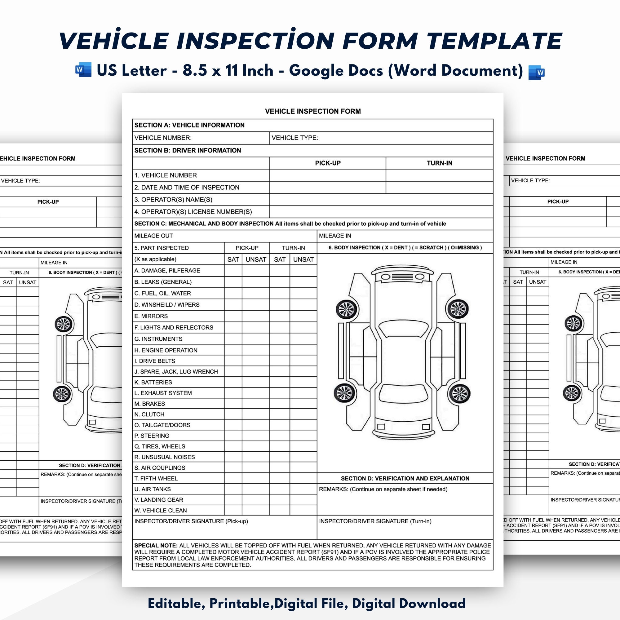 Vehicle Inspection Report Form Template Editable Printable Etsy