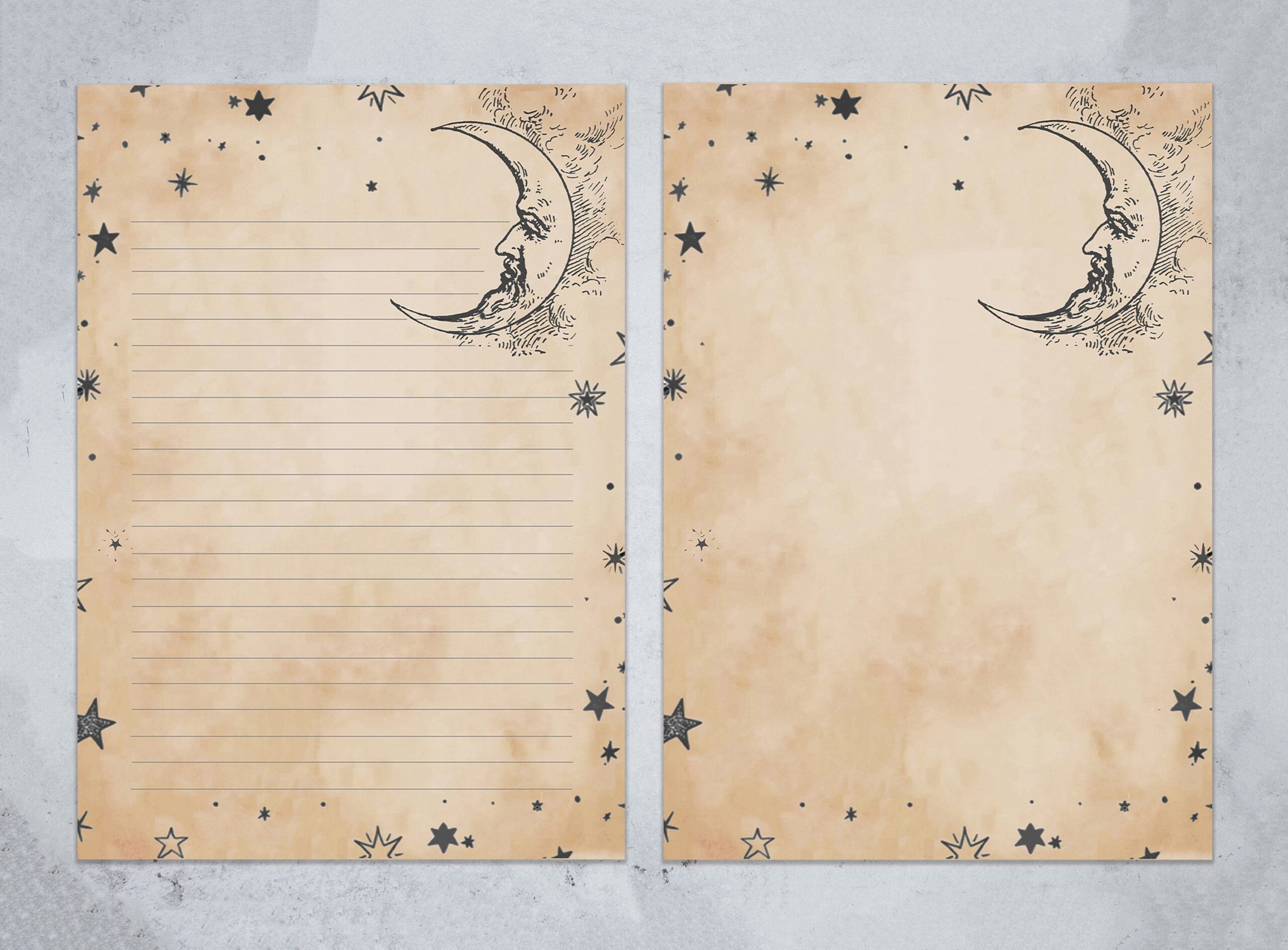 Vintage Nocturnal Night Sky Printable Stationery Paper Set Crescent Moon And Stars Plain Parchment Style A4 US Letter Size Etsy