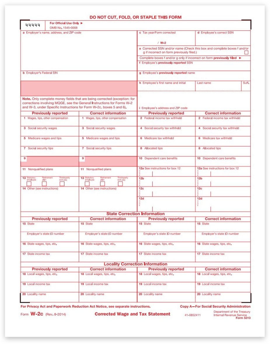 W2C Correction Tax Forms Copy A Federal Discount Tax Forms