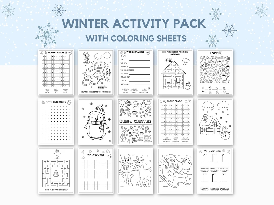winter activity printable winter games winter printable winter coloring pages winter fun activities word search i spy printable etsy
