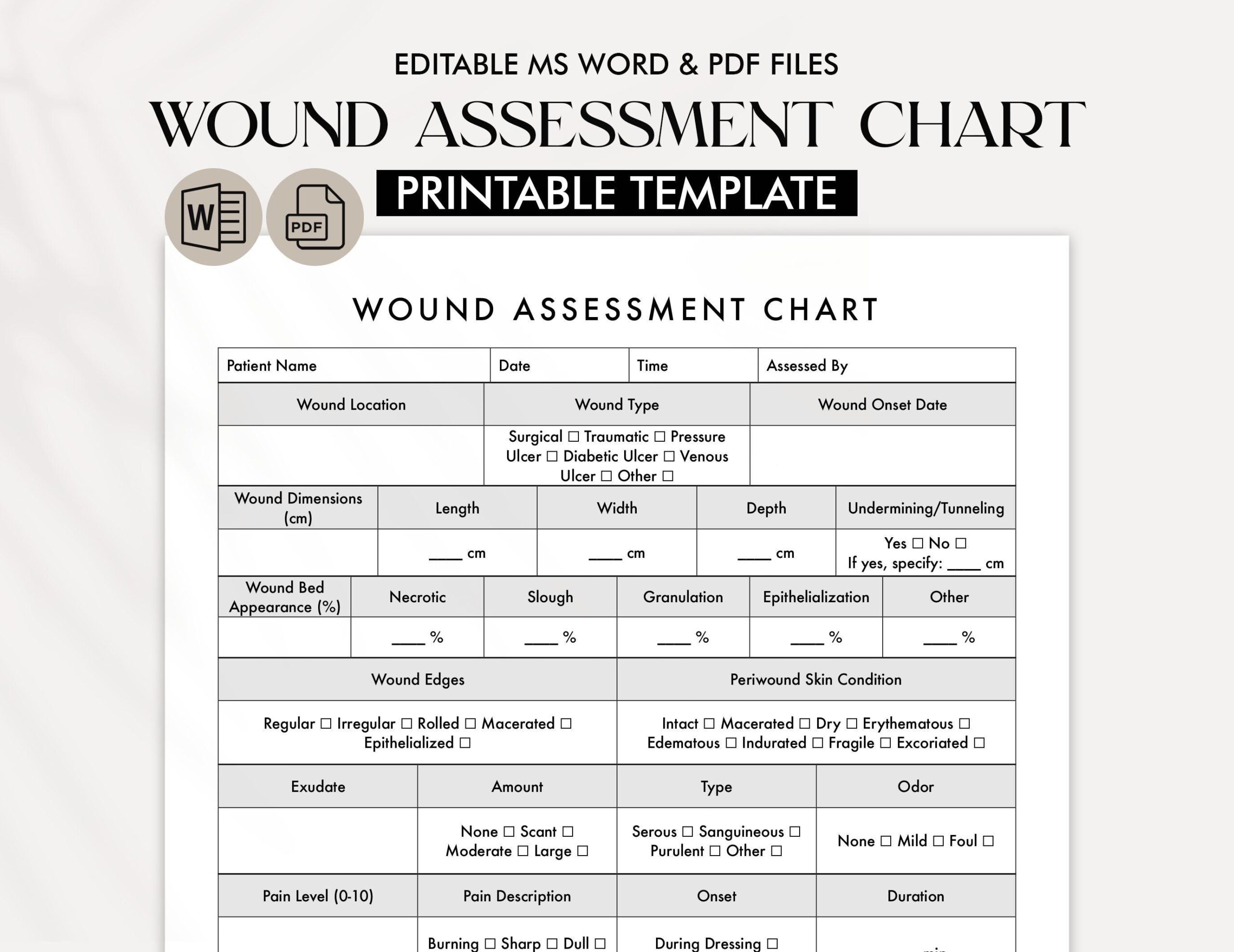 Wound Assessment Chart Template Medical Wound Care Documentation Wound Management Chart Printable Editable Nursing Tool PDF WORD Etsy