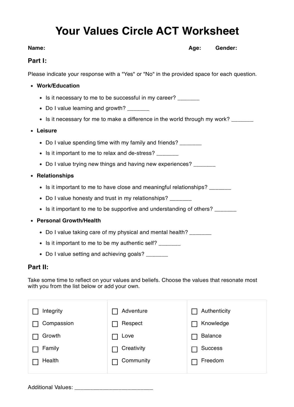 Your Values Circle ACT Worksheet Example Free PDF Download